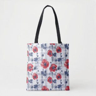 Tote Bag Poppies rouges avec Feuilles bleus sur À damiers b