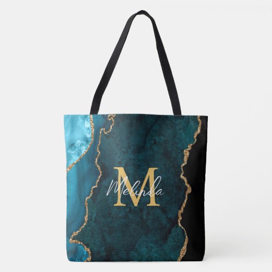 Tote Bag Porte en marbre bleu turquoise et or (Devant)