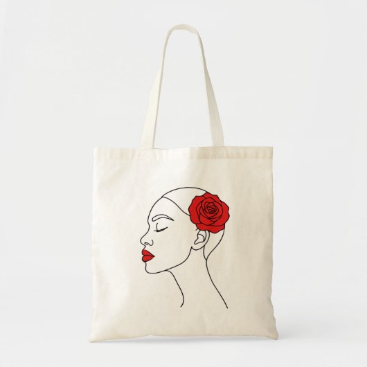 Tote Bag Portrait d'art en ligne d'une femme avec Rose roug (Devant)