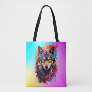 Tote Bag Portrait de Loup Coloré Art Animalier Abstrait-876