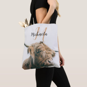 Tote Bag Portrait de vache Highland nom personnalisé monogr