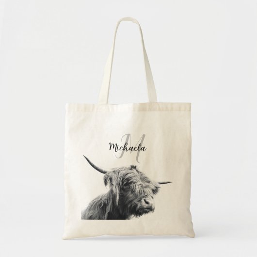 Tote Bag Portrait de vache Highland premier monogramme noir (Devant)