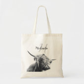 Tote Bag Portrait de vache Highland premier monogramme noir (Devant)