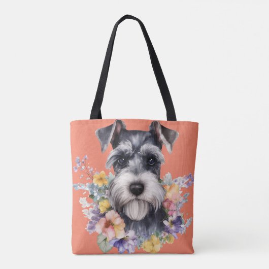 Tote Bag Portrait mignon Schnauzer avec fleurs (Dos)
