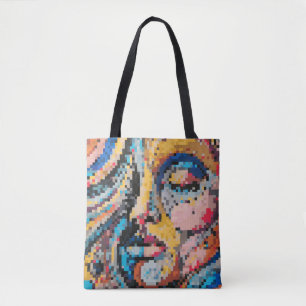 Tote Bag Portrait pixelisé vibrant en couleurs chaudes