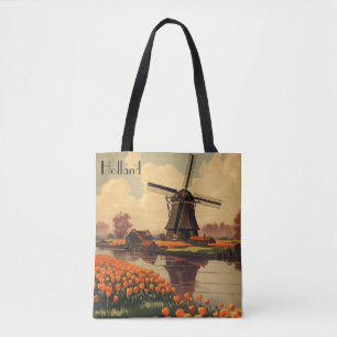 Tote Bag Poster Vintage voyage de Hollande, tulipes et moul