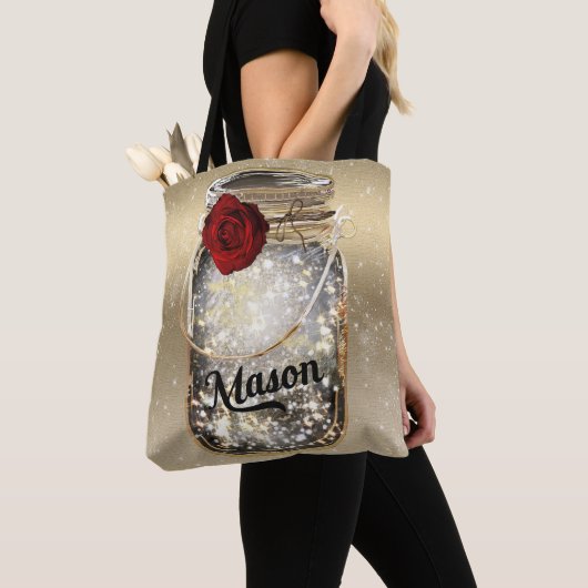Tote Bag Pot Mason Rouge Pailleté Glamour Rose Doré (De près)