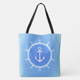 Tote Bag Poudre Ancrage et roue nautique bleu et blanc