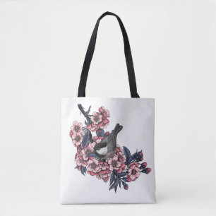 Tote Bag Poulet sur une branche de cerise en fleurs