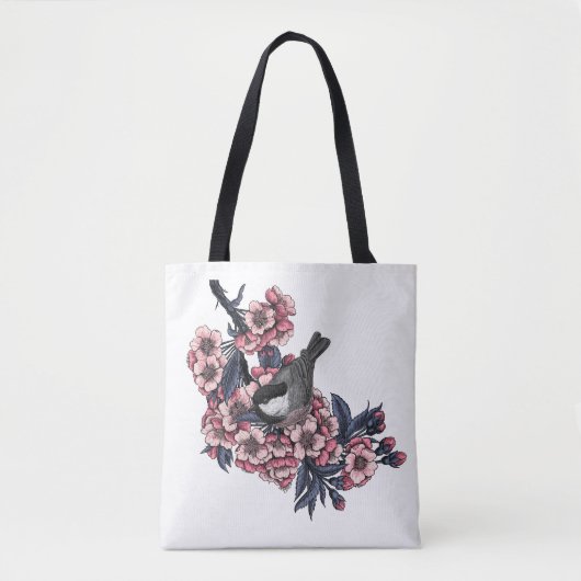 Tote Bag Poulet sur une branche de cerise en fleurs (Devant)