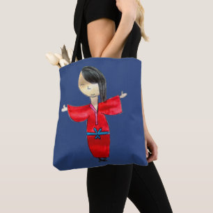 Tote Bag Poupée de dessin animé japonaise en kimono rouge a
