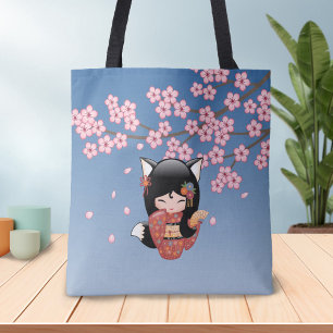 Tote Bag Poupée Kitsune Kokeshi - Black Fox Geisha Girl