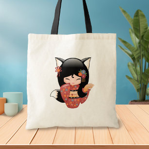 Tote Bag Poupée Kitsune Kokeshi - Black Fox Geisha Girl 2