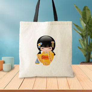 Tote Bag Poupée Kokeshi d'été - Kimono Jaune Geisha Girl 2
