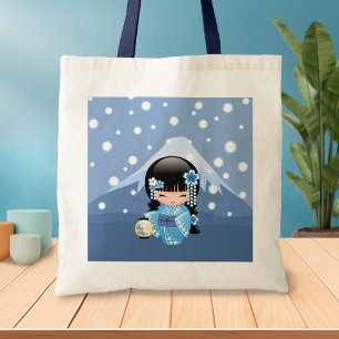 Tote Bag Poupée Kokeshi d'hiver - Blue Kimono Geisha Girl