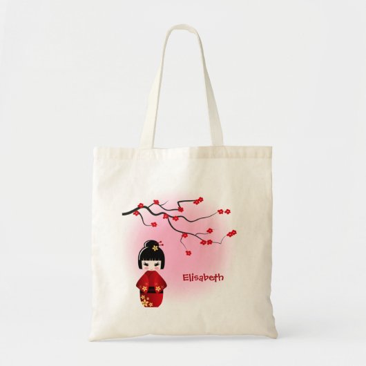 Tote Bag Poupée kokeshi japonaise aux fleurs de sakura (Devant)