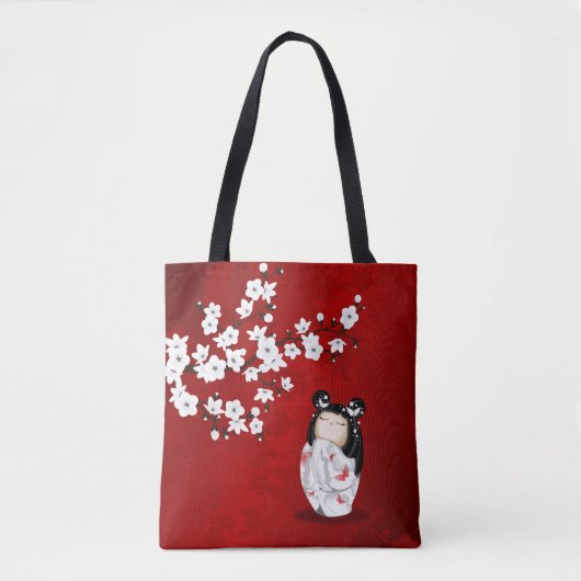 Tote Bag Poupée Kokeshi Rouge Noir Blanc Fleurs De Cerisier (Devant)