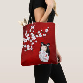 Tote Bag Poupée Kokeshi Rouge Noir Blanc Fleurs De Cerisier (De près)