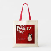 Tote Bag Poupée Kokeshi Rouge Noir Et Blanc Fleur De Cerisi (Dos)