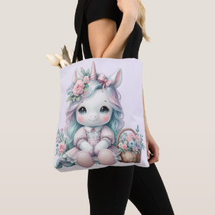 Tote Bag Poupée Licorne Kawaii Pastel avec Panier de Fleurs