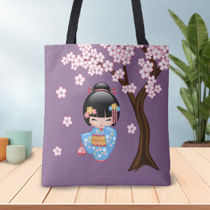 Tote Bag Poupée Maiko Kokeshi - Blue Kimono Geisha Girl