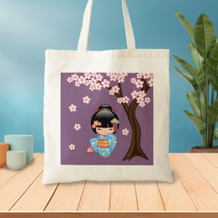 Tote Bag Poupée Maiko Kokeshi - Blue Kimono Geisha Girl