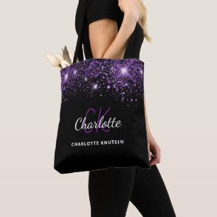Tote Bag Poussière de paillettes violette noire monogramme 