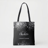 Tote Bag Poussière de strass argent noir monogramme initial (Devant)
