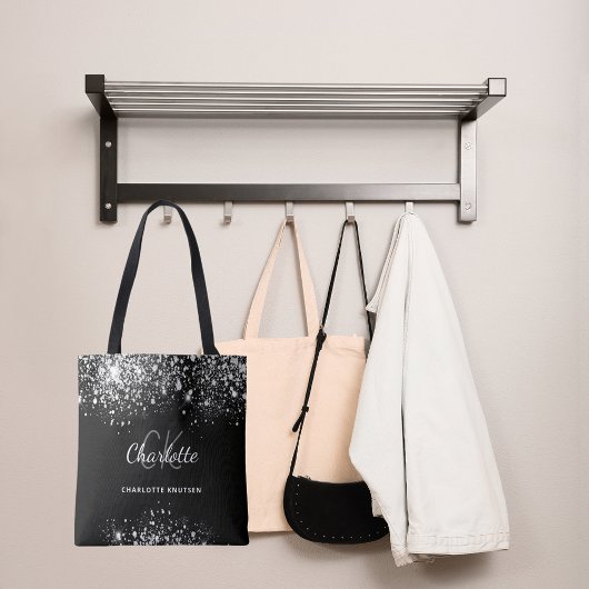 Tote Bag Poussière de strass argent noir monogramme initial
