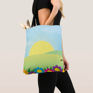Tote Bag Prairie printanière éclatante avec des fleurs colo