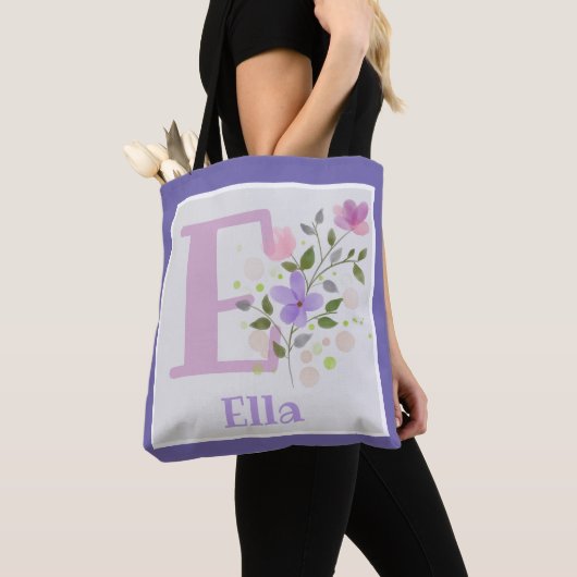 Tote Bag Premier nom initial plus Ella avec fleurs (De près)