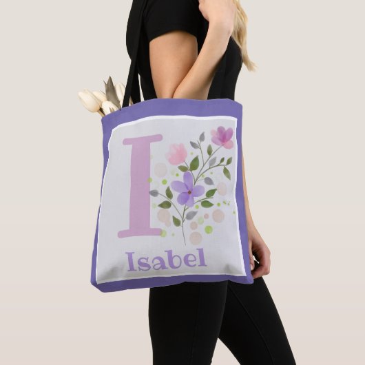 Tote Bag Premier nom initial plus Isabel avec fleurs (De près)