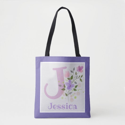 Tote Bag Première initiale plus le nom Jessica avec des fle (Devant)
