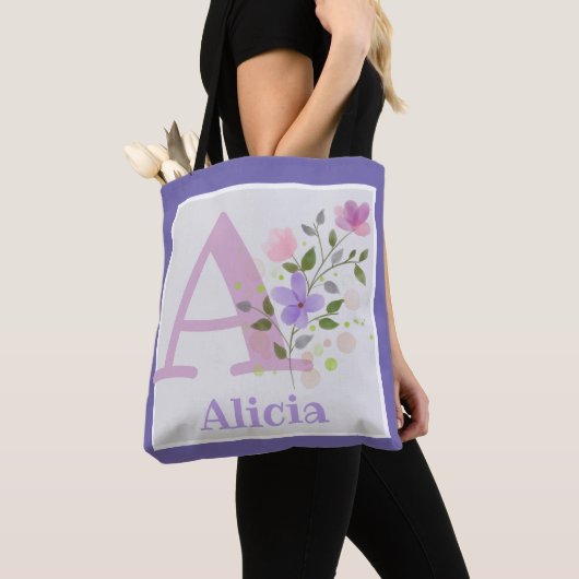 Tote Bag Première initiale Plus Nom Alicia avec Fleurs (De près)