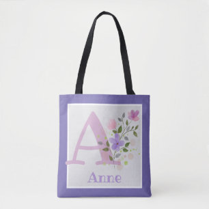Tote Bag Première initiale plus nom Anne avec des fleurs