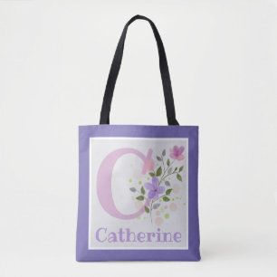Tote Bag Première initiale plus nom Catherine avec des fleu