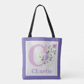 Tote Bag Première initiale plus nom Charlie avec des fleurs (Dos)