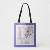 Tote Bag Première initiale plus nom Delia avec des fleurs (Devant)