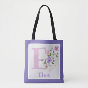 Tote Bag Première initiale plus nom Elsa avec des fleurs