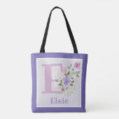 Tote Bag Première initiale plus nom Elsie avec des fleurs (Dos)