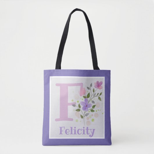 Tote Bag Première initiale plus nom Felicity avec des fleur (Devant)