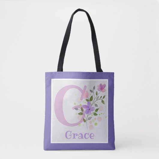 Tote Bag Première initiale Plus Nom Grace avec Fleurs (Devant)