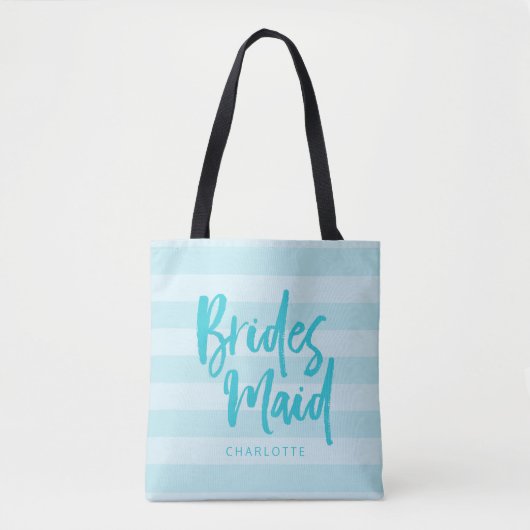 Tote Bag Preppy Blue Stripes Brush Script Bridesmaid (Devant)