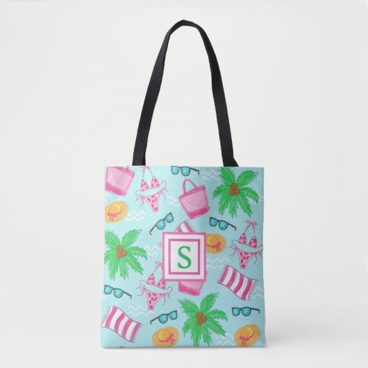 Tote Bag Préppy Monogram Beach Bikini Serviette Palm Tree (Devant)
