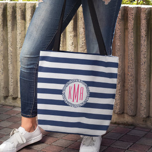 Tote Bag Preppy Nautical Navy Stripe and Pink Monogram