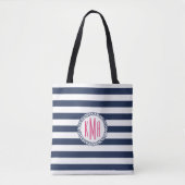 Tote Bag Preppy Nautical Navy Stripe and Pink Monogram (Devant)