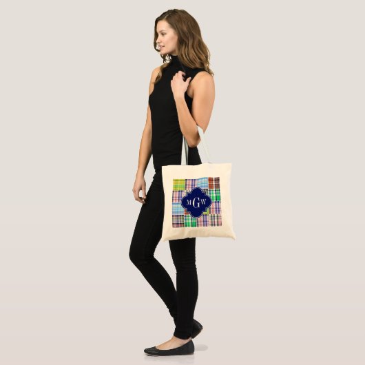 Tote Bag Preppy Patchwork Madras Navy Quatrefoil Monogramme (Devant (modèle))