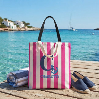Tote Bag Preppy Pink Nautical Striped Monogram Anchor