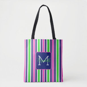 Tote Bag Preppy rose Green Navy Bleu Stripe Monogramme