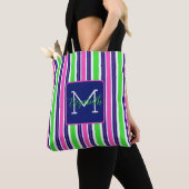 Tote Bag Preppy rose Green Navy Bleu Stripe Monogramme (De près)